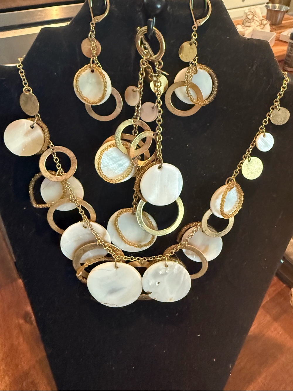 Gold and White Shell Disc Layered Necklace Set